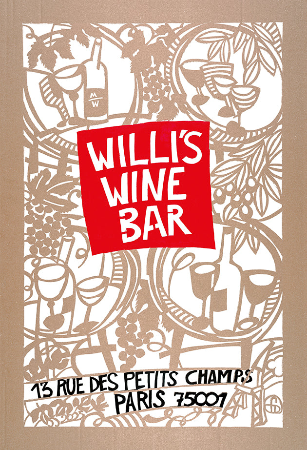 2025 Willi's Bottle Art poster by Dominique Fournier, based on a very ornate cardboard cut-out like a woodcut