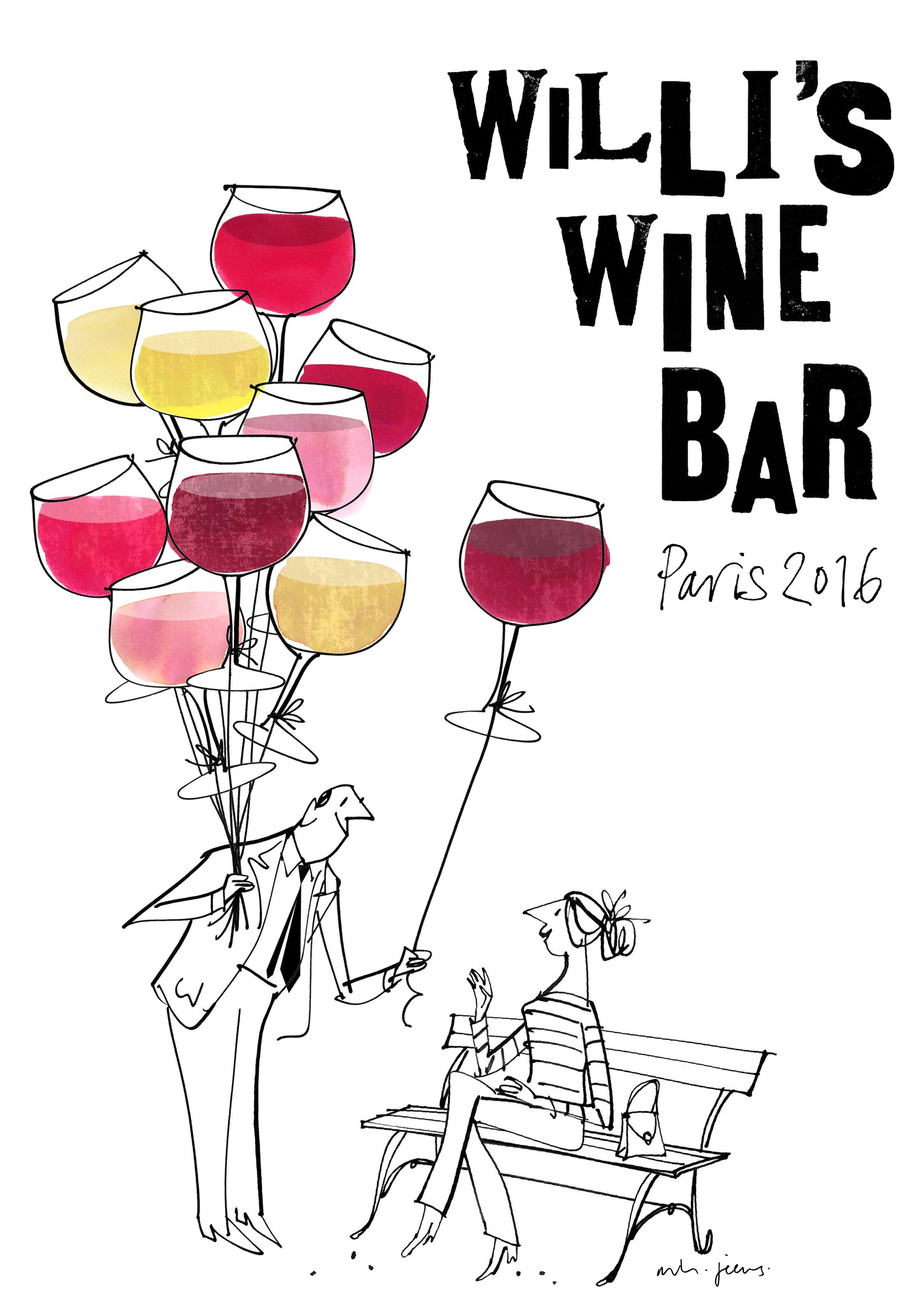 Signed Bottle Art Poster for Willi's Wine Bar by illustrator M H Jeeves in 2016 showing a very Sempé and Goscinny or Quentin Blake drawing of a man holding a bunch of pink, red ad yellow balloons shaped like wineglasses and giving one to a woman sitting on a bench.
