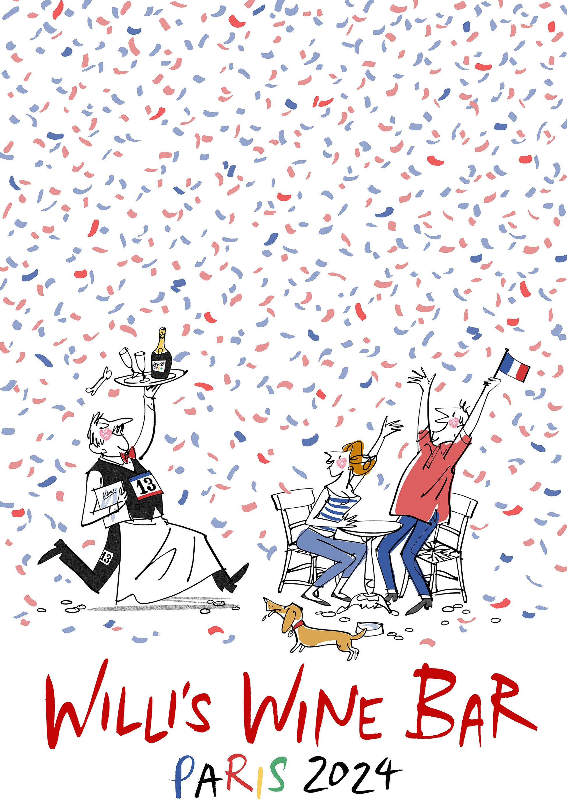 A signed print by British illustrator M H Jeeves featuring a cartoonish illustration with a character pouring wine, another character celebrating with a raised glass, and a dog, with confetti in the background. The text 'WILL'S WINE BAR PARIS 2024' is visible.