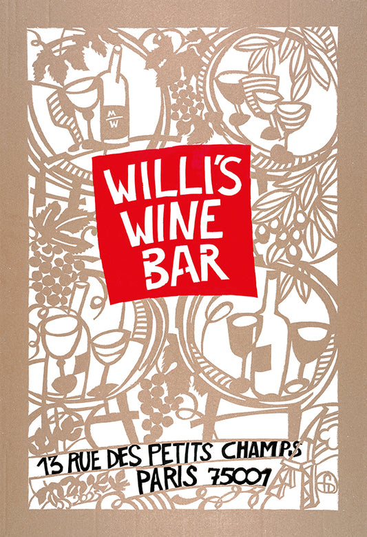 2025 Willi's Bottle Art poster by Dominique Fournier, based on a very ornate cardboard cut-out like a woodcut 