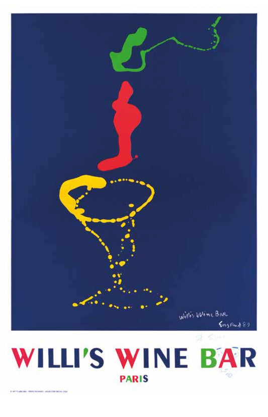 The colorful Willi's Bottle Art poster 1989 by Wayne Ensrud featuring a silhouette of a wine glass with abstract shapes in red, yellow, and green on a blue background, along with the text 'WILLI'S WINE BAR PARIS'.