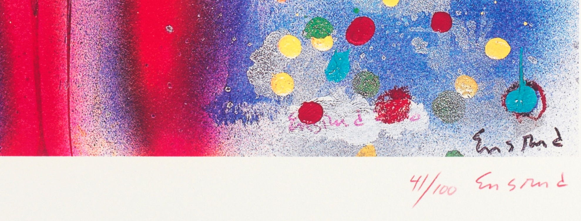 Detail & signature of Wayne Ensrud's  limited, numbered Vélin Bottle Art poster in 2000