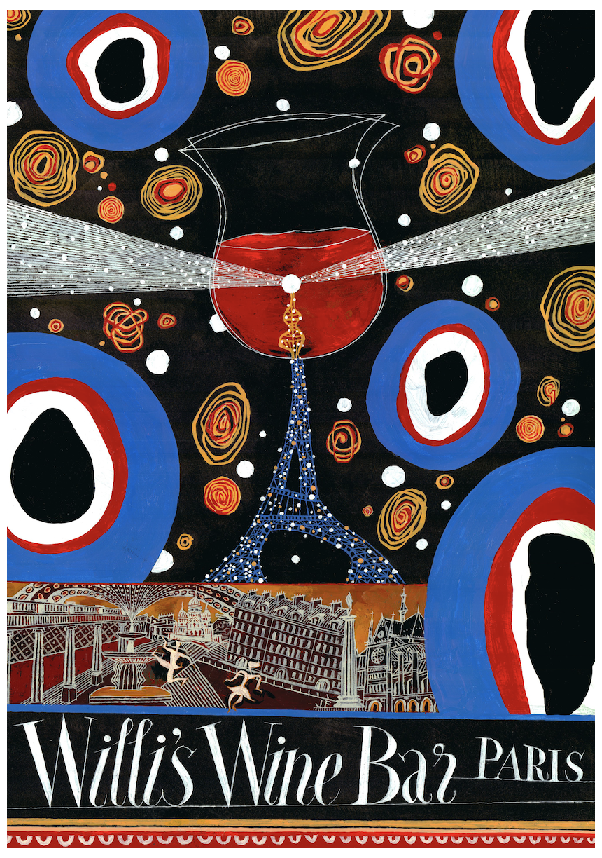 The Willi's Bottle Art poster by Jeffrey Fisher in 2025 showing a glittering Eiffel Tower as the stem of a wineglass and two characters dancing through the streets of Paris by night.
