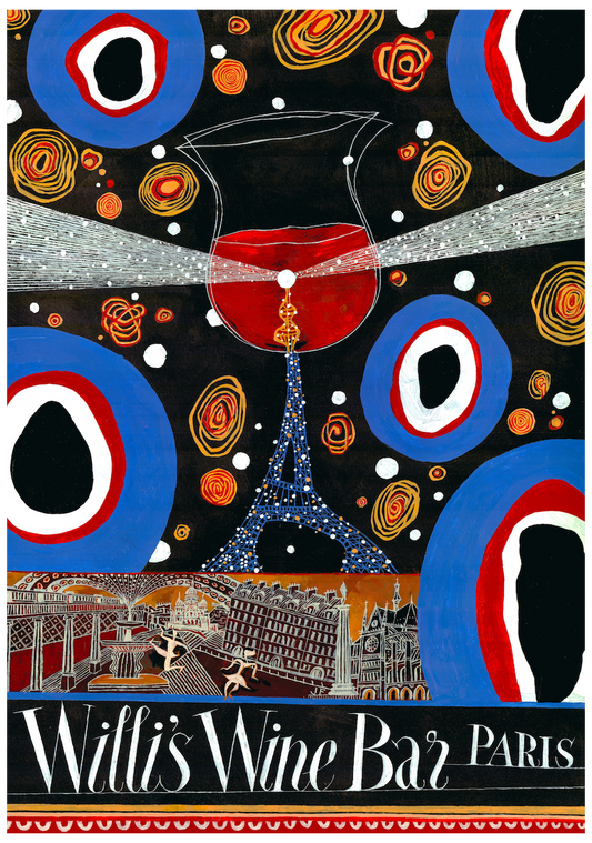 The Willi's Bottle Art poster by Jeffrey Fisher in 2025 showing a glittering Eiffel Tower as the stem of a wineglass and two characters dancing through the streets of Paris by night.