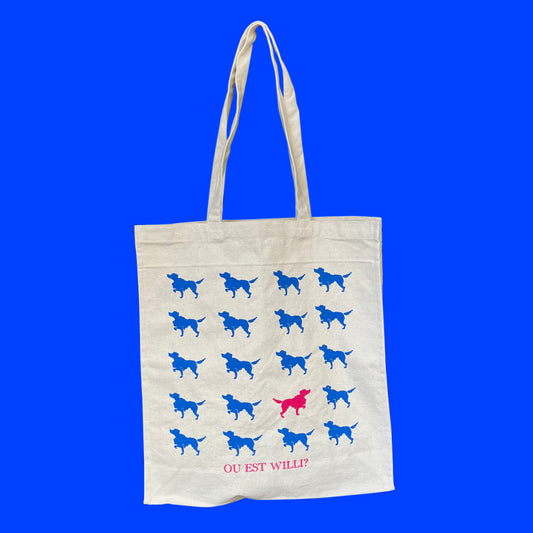 Willi's Wine Bar heavyweight canvas bag showing twenty dogs (vin chien) with the question "ou est Willi?" or "where's willi?"