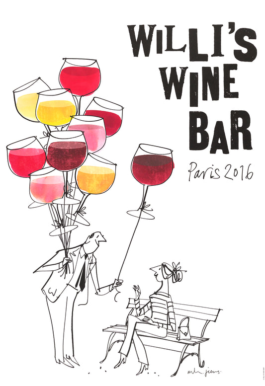 Signed Bottle Art Poster for Willi's Wine Bar by illustrator M H Jeeves in 2016 showing a very Sempé and Goscinny or Quentin Blake drawing of a man holding a bunch of balloons shaped like wineglasses and giving one to a woman sitting on a bench.
